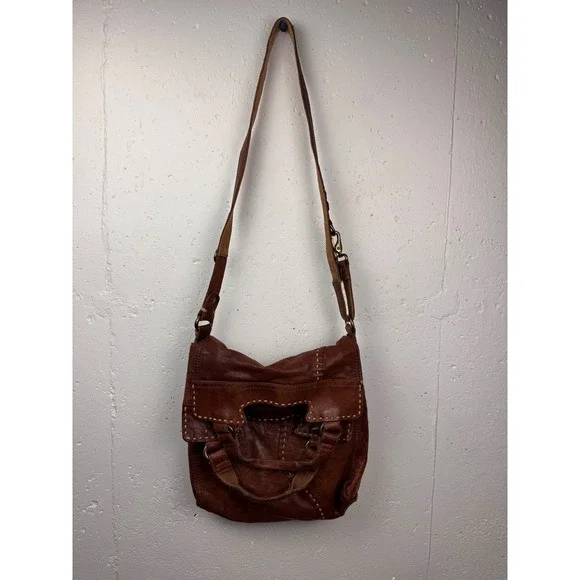 Lucky Brand Brown Leather Boho Distressed Satchel Crossbody Bag Slouchy - Picture 8 of 15